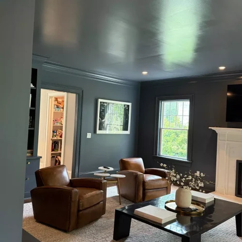 Freshly cleaned sitting area with polished dark walls and accent furniture